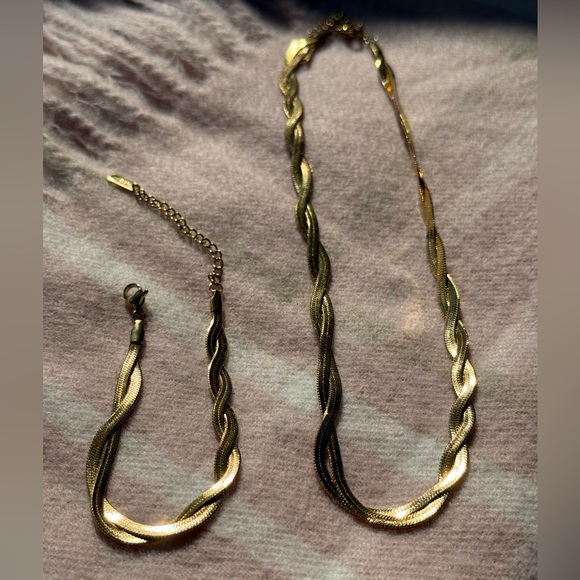 Braided New Herringbone Necklace Bracelet
 Gold 18K plated Set Stainless Steel - Picture 10 of 14